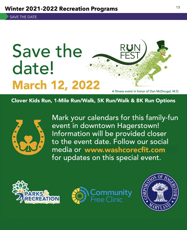 Save the date flyer for Runfest including logos for the CFC, Parks and Rec dept. and city of Hagerstown